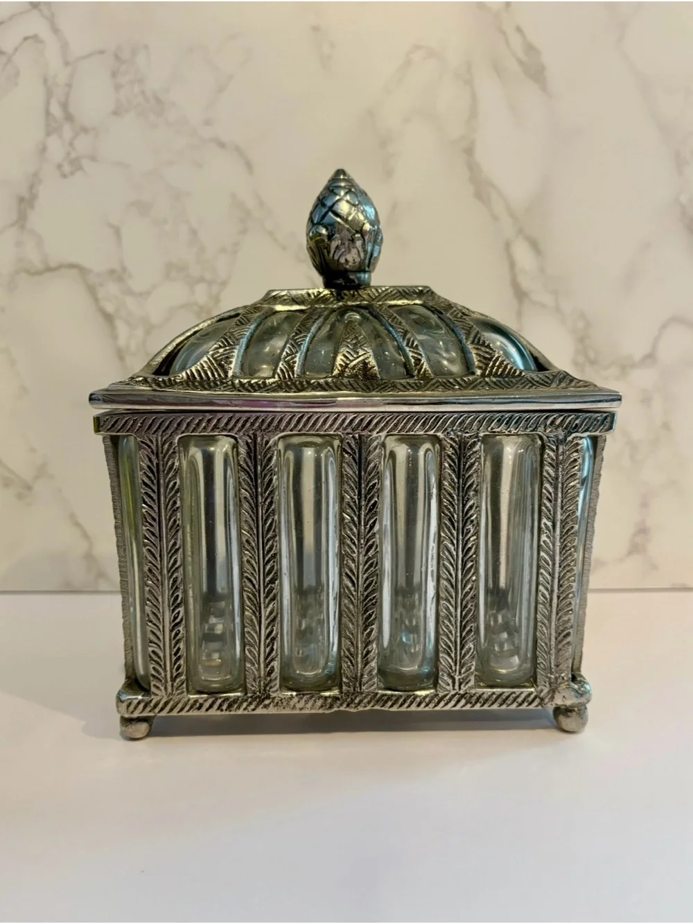 Vintage Silver Toned Bubble Glass Lidded Box